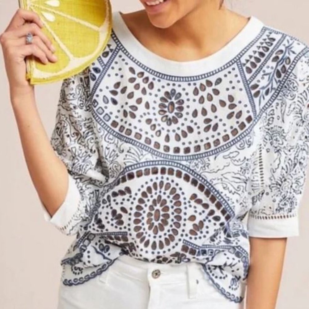 Anthropologie x Maeve | Women's Ester Blue White Eyelet Top - Size S